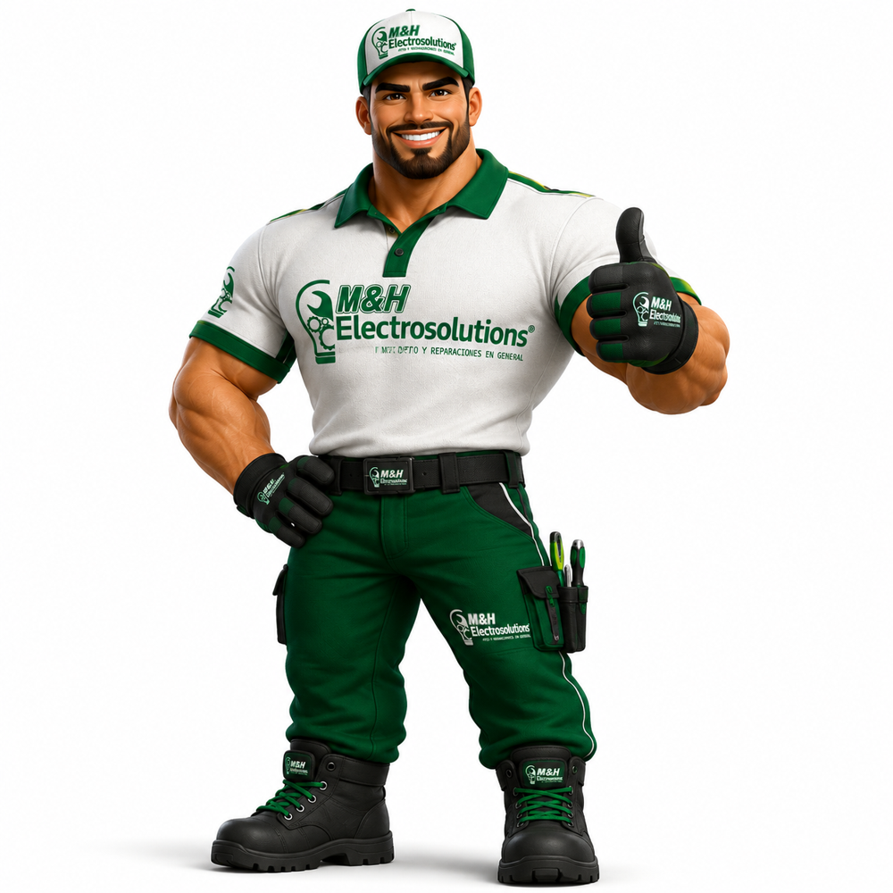 Técnico institucional de M&H ElectroSolutions con uniforme verde y equipo de trabajo